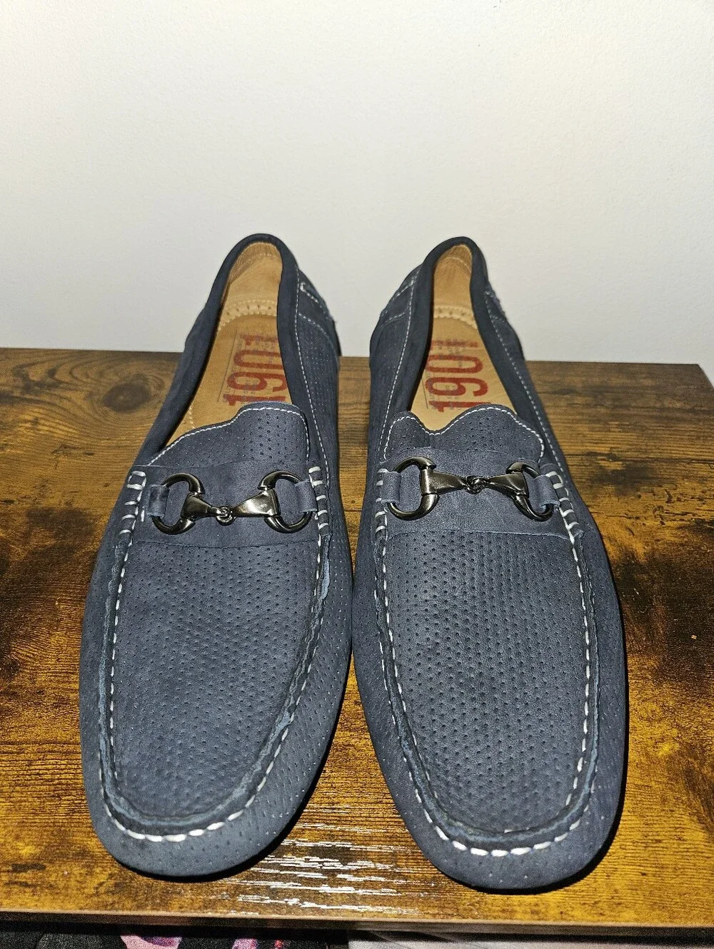 1901 Navy Perforated Leather Bit Loafers
